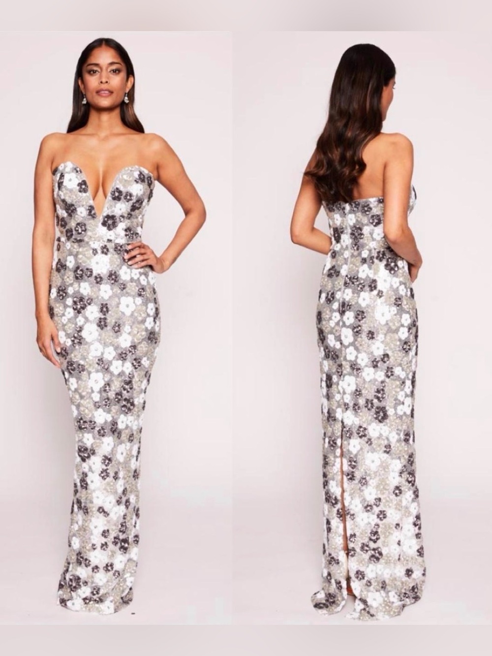 NWT Marchesa Notte Sequin Bouquets Strapless Columed Gown in Silver. Size 4